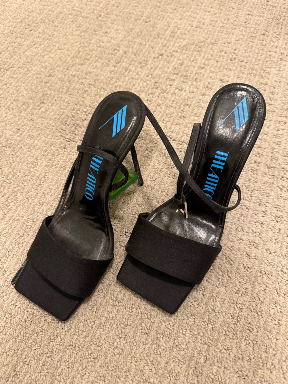 The Attico Black Strappy Square-Toe Heels with Green Accent